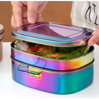 Customized 7 color two tiered stackable oval plain metal bento lunch box stainless steel rainbow with lock