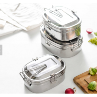 OEM ODM high quality 2 in 1 Oval shape 2 Compartment stainless steel metal bento lunch box With Lock Take Away Food Box